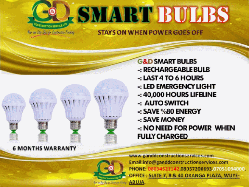 Rechargeable smart bulbs that last 4 to 6 hours Led emergency light, 40,000 hours lifeline, Auto switch, Save 80% energy, Save money, No need for power when fully charged SmartCharge LED Bulb Cool Daylight Features:Works with a Standard Light Fixture4 hours of Light During a Power OutageBuilt in Rechargeable Battery / Charges during normal useTurns On/Off from the Switch During Power OutagesEnergy EfficientInstant On